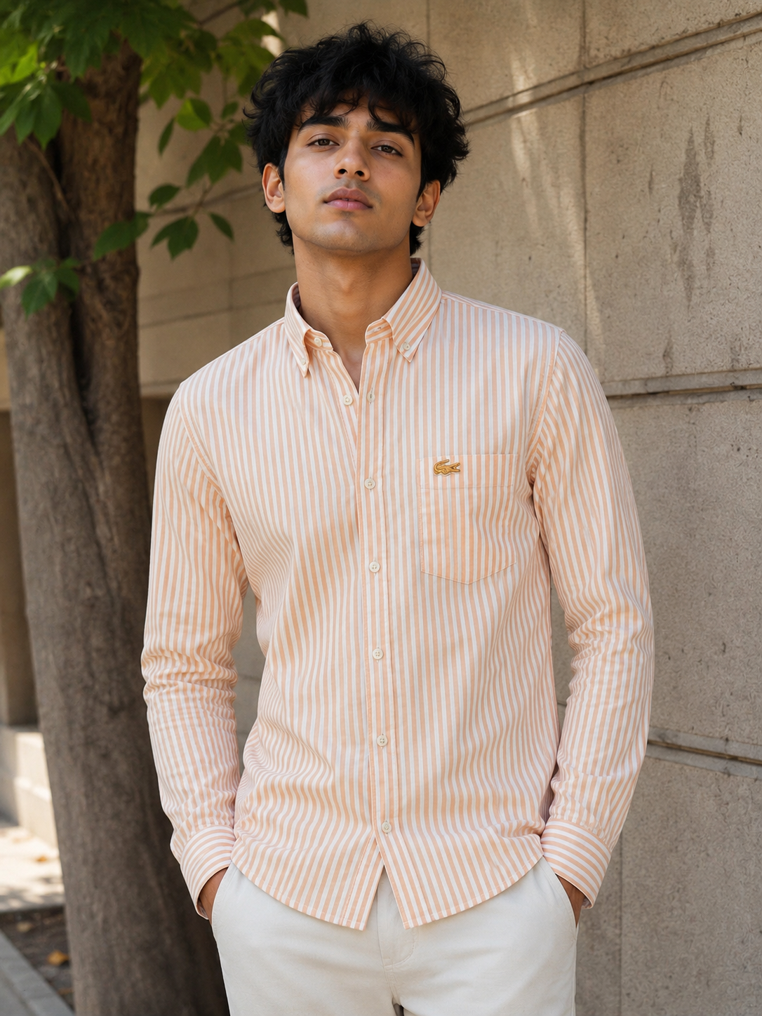 Men's Classic Striped Button-Down Shirt - Peach/White