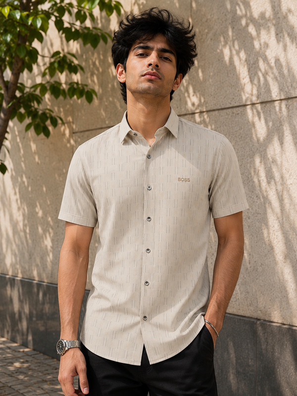 Men's Subtle Geometric Print Short-Sleeve Shirt - Sand
