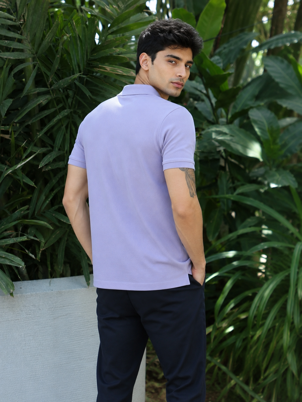 Men's Classic Polo with Plaid Trim - Dusty Blue