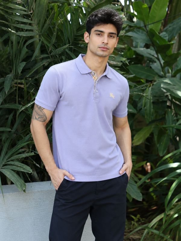 Men's Classic Polo with Plaid Trim - Dusty Blue